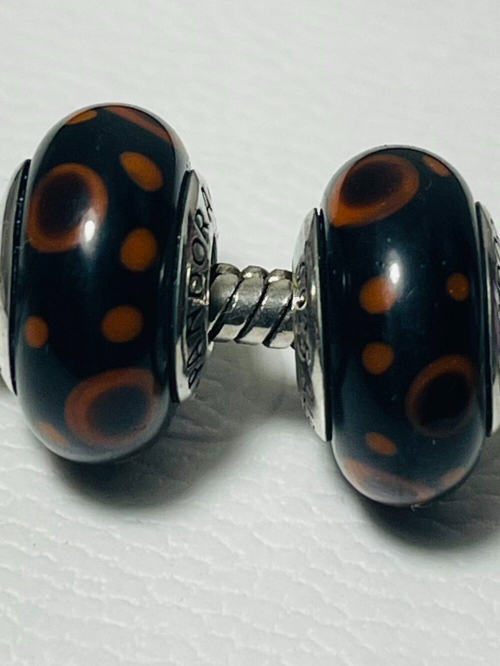 Set of 2 Pandora Murano Glass Charms Orange Polka Dots Black Bead Autumn Sale